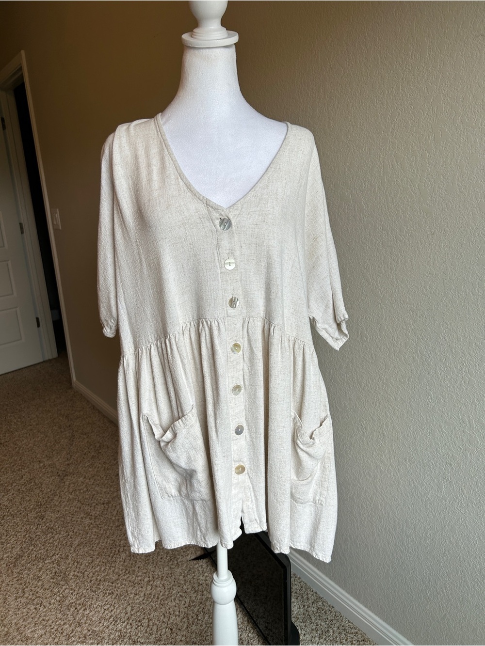 POLLY 100% Cotton Cream Button-Front Babydoll Tunic Dress Cottagecore S/M